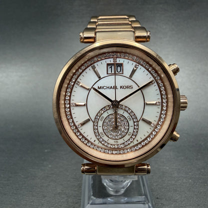 Michael kors Sawyer Watch Women 39mm MOP Dial Rose Gold Tone Date Chrono New Bat0