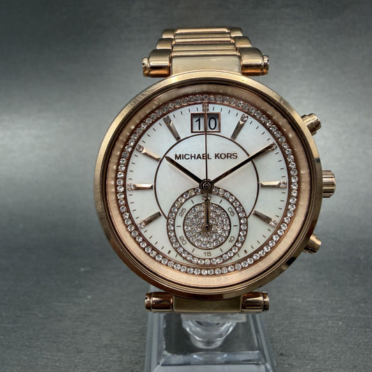 Michael kors Sawyer Watch Women 39mm MOP Dial Rose Gold Tone Date Chrono New Bat0