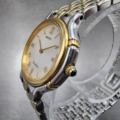 Seiko Exceline Watch Women 24mm Silver Dial Two Tone Round 7320-0410 New Battery