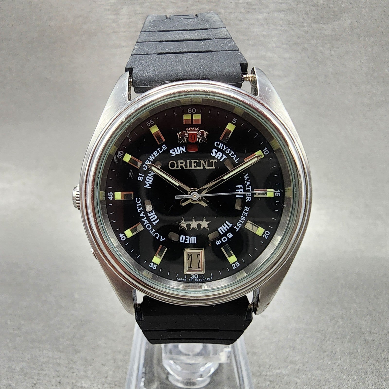 Orient Tri Star Watch Men 37mm Black Dial Steel Daydate Auto EM04D1 PARTS0