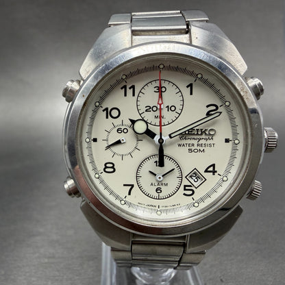 Seiko Chronograph Watch Men 40mm White Dial Silver Tone Date 7T32-7G00 New Batt0