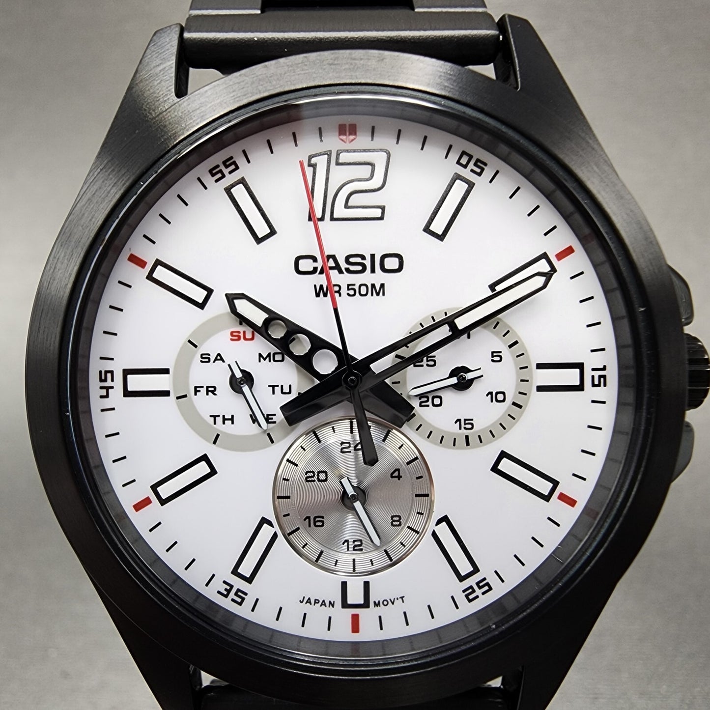 Casio MTP-E350 Watch Men 39mm White Dial Black Steel Daydate Metal Bracelet