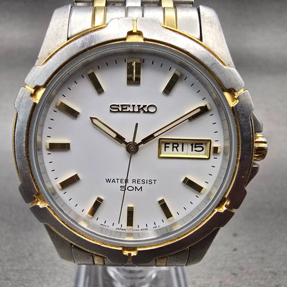 Seiko Watch Men 38mm White Dial Two Tone Daydate Round V743-8B29 New Battery VTG1