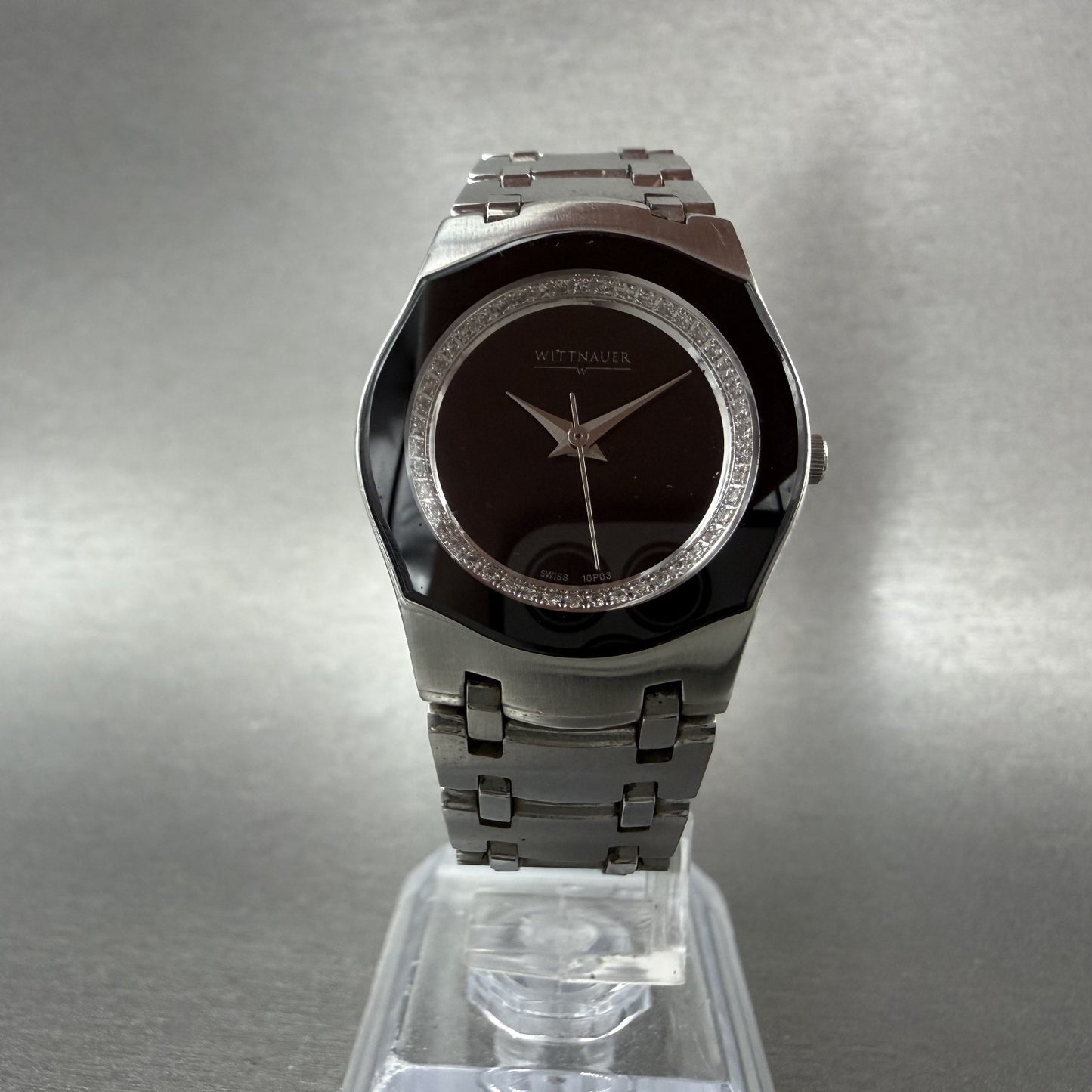 Wittnauer Watch Women 26mm Black Dial Steel Diamond Accents Round New Battery5