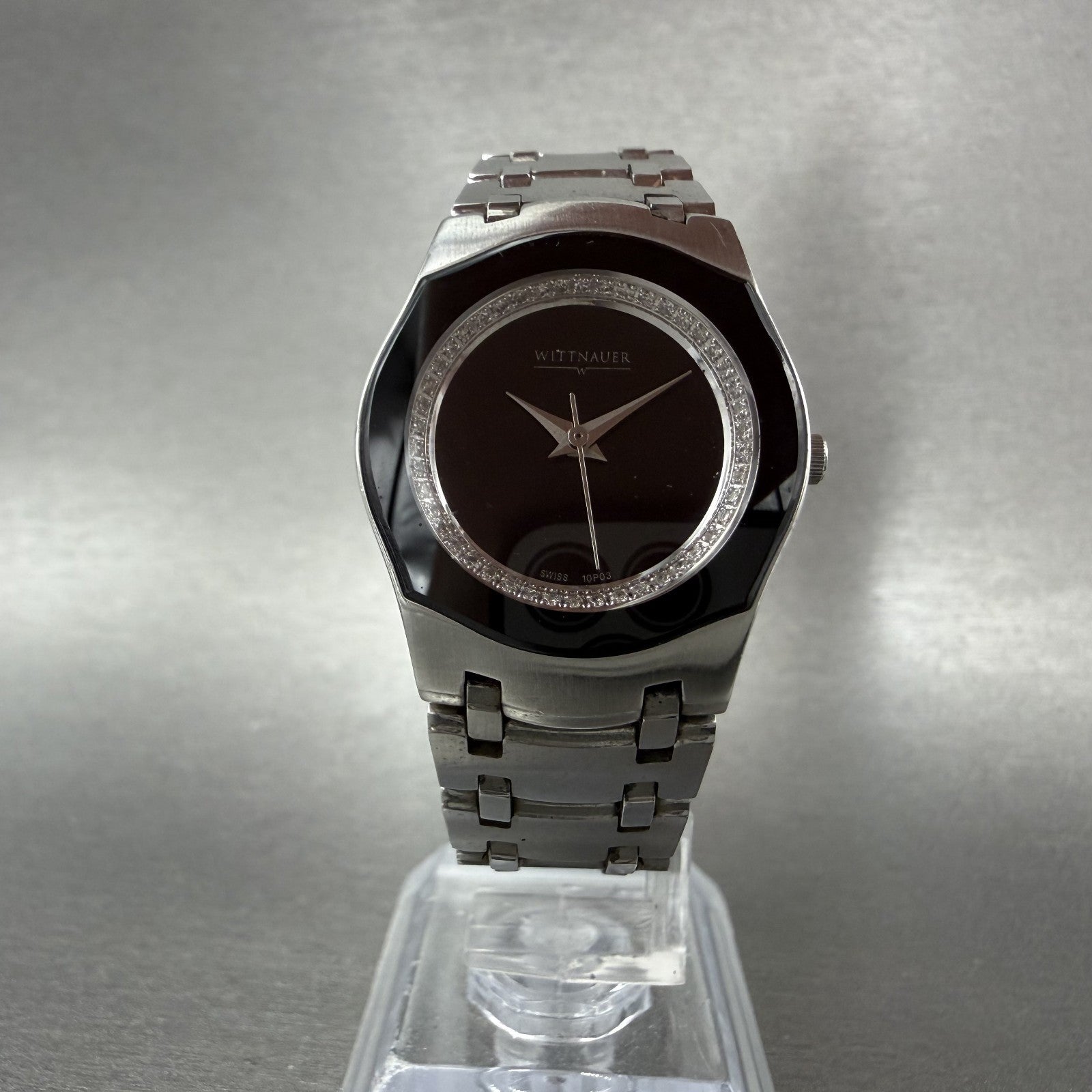 Wittnauer Watch Women 26mm Black Dial Steel Diamond Accents Round New Battery5