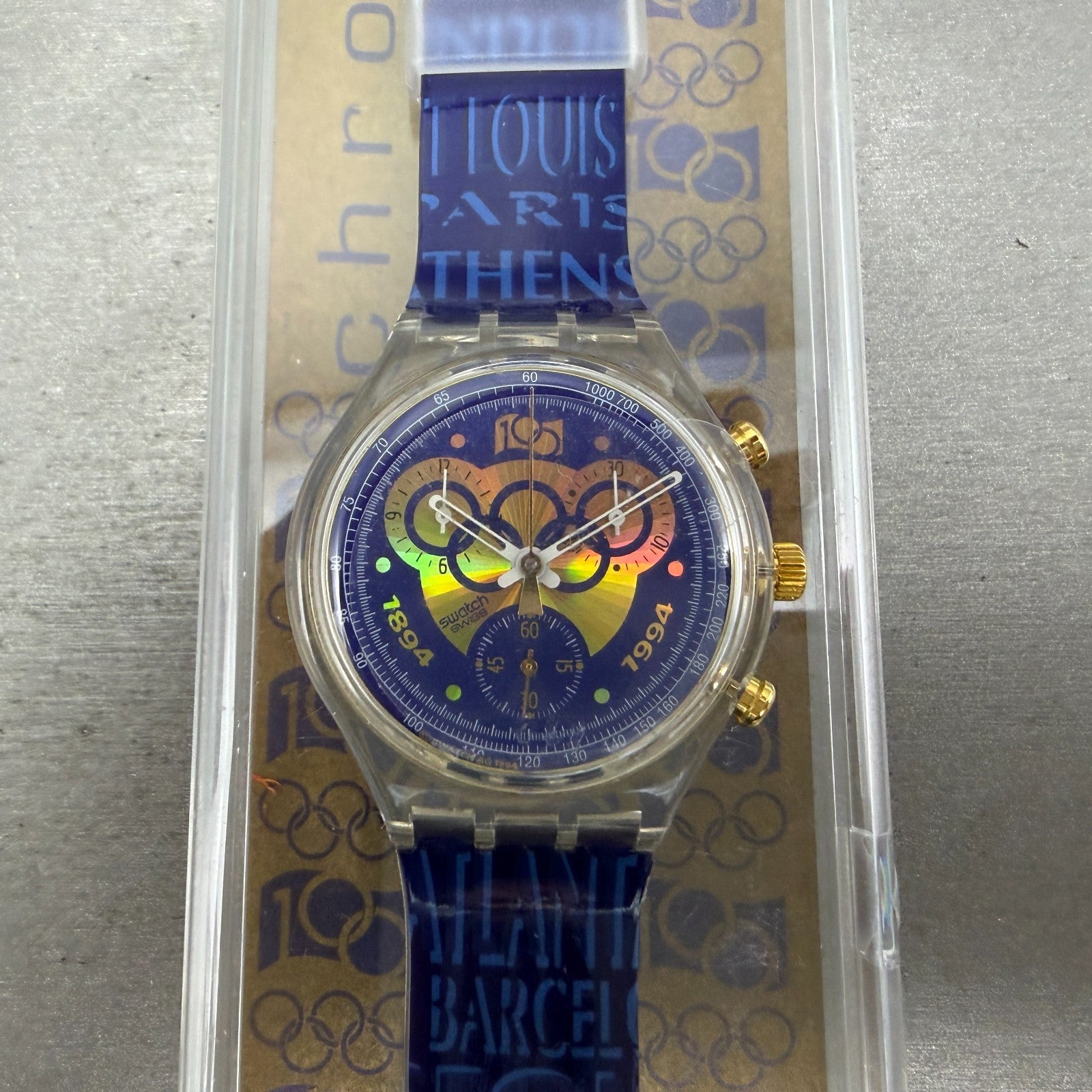 Swatch Chrono 100th Olympics Watch Men 37mm Blue Dial Clear SCZ101 NOS New batt0