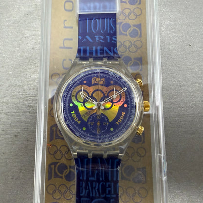 Swatch Chrono 100th Olympics Watch Men 37mm Blue Dial Clear SCZ101 NOS New batt0