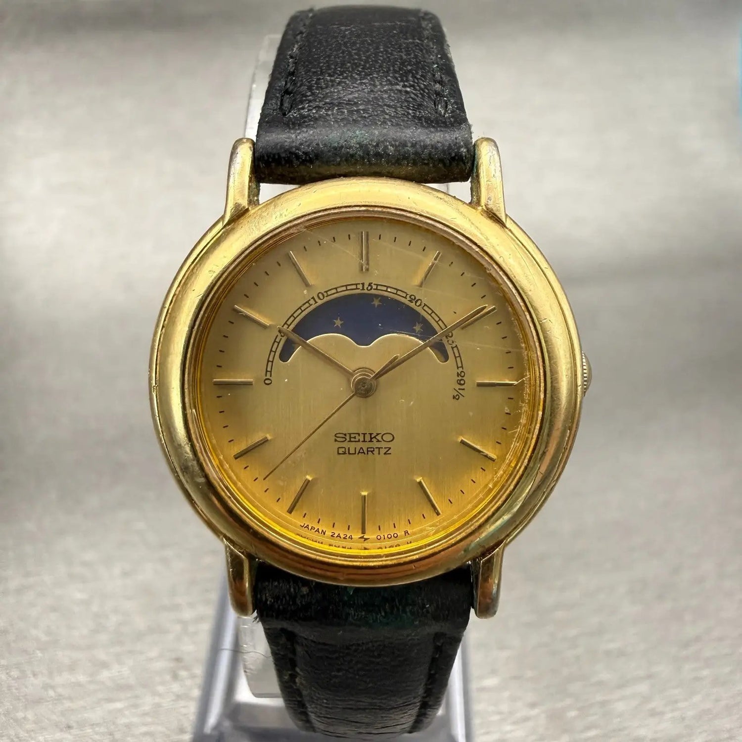 Seiko Moon Phase Watch Men 26mm Gold Dial Gold Tone Round 2A24-0090 New Battery0