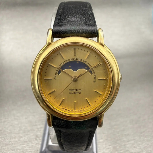 Seiko Moon Phase Watch Men 26mm Gold Dial Gold Tone Round 2A24-0090 New Battery0