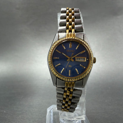 Seiko SQ Watch Women 24mm Blue Dial Two Tone Daydate Round New Battery MNR325