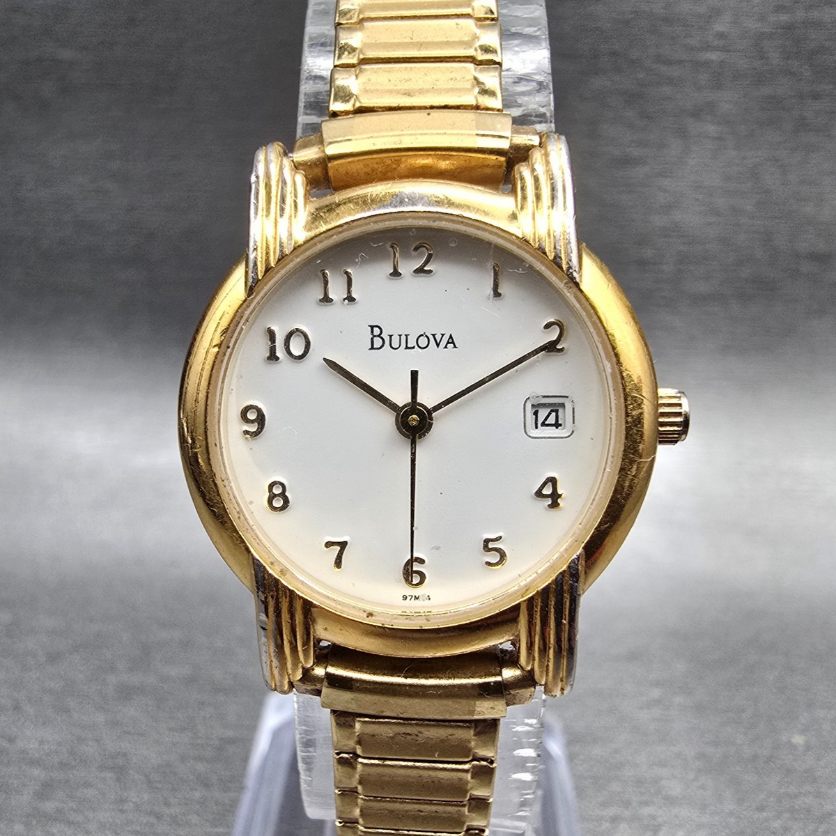Bulova Watch Women 24mm White Dial Gold Tone Date Round 97M14 New Battery JP230