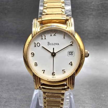 Bulova Watch Women 24mm White Dial Gold Tone Date Round 97M14 New Battery JP230