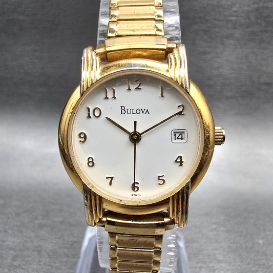 Bulova Watch Women 24mm White Dial Gold Tone Date Round 97M14 New Battery JP230
