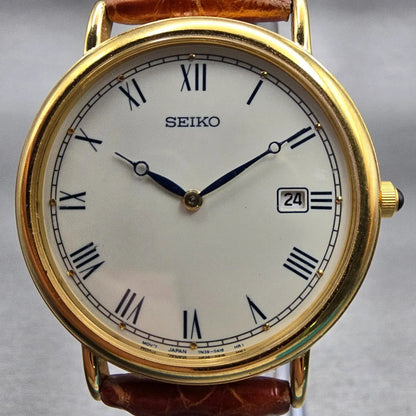 Seiko Watch Men 34mm White Dial Gold Tone Date Round 7N39-0A19 New Battery VTG H1