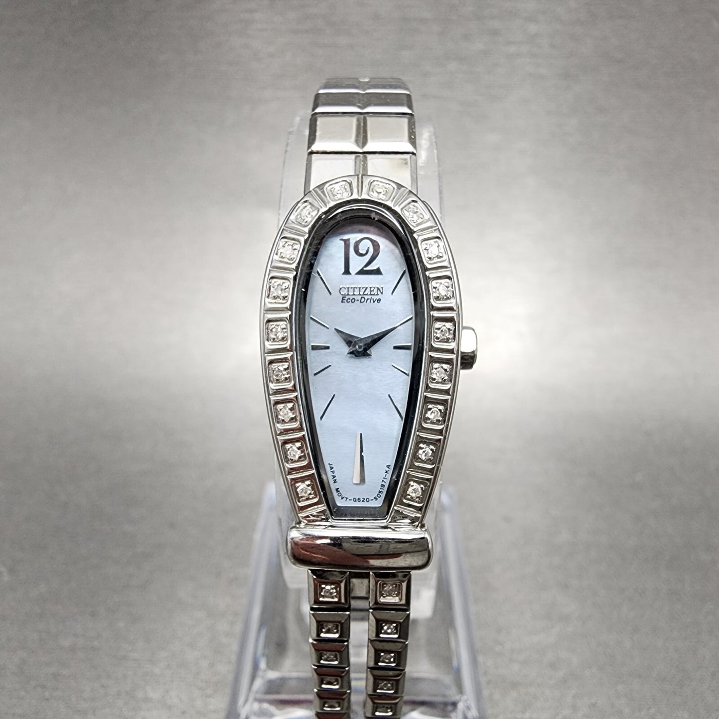 Citizen EcoDrive Watch Women 16mm MOP Dial Steel Horse Shoe Diamonds Works0