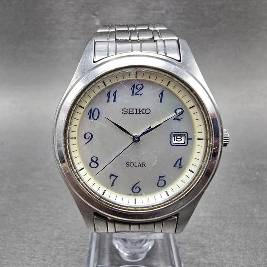 Seiko Solar Watch Men 36mm MOP Dial Silver Tone Date Round V145-0BS0 Runs0