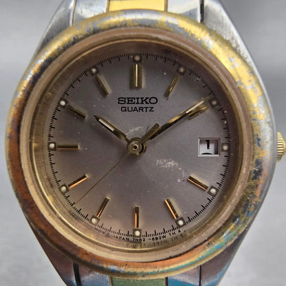 Seiko Watch Women 27mm Silver Dial Two Tone Date Round 7N82-6B00 New Battery VTG1