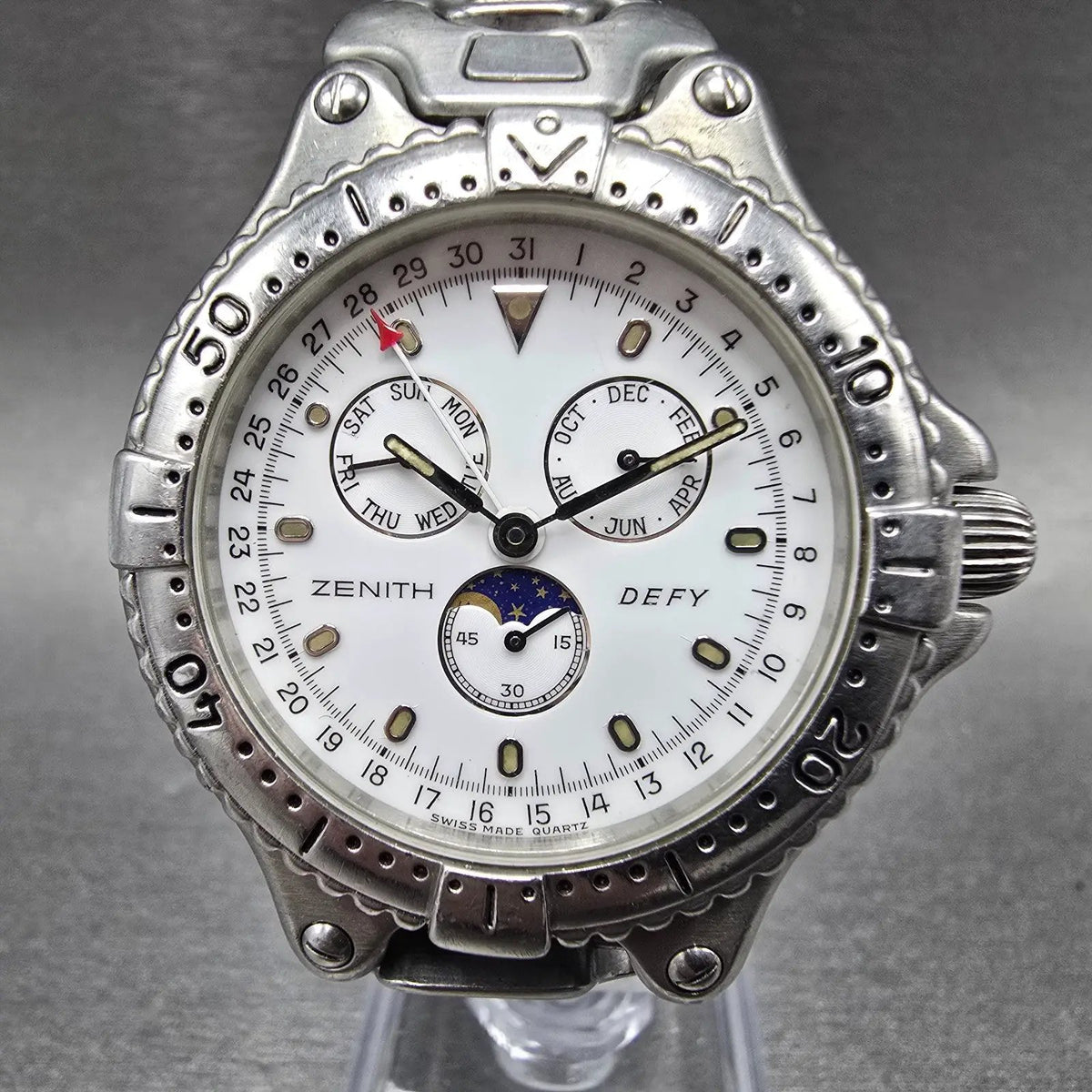 Zenith Defy Triple Calendar Moon phase Watch Men 38mm White Dial Steel New Batt0