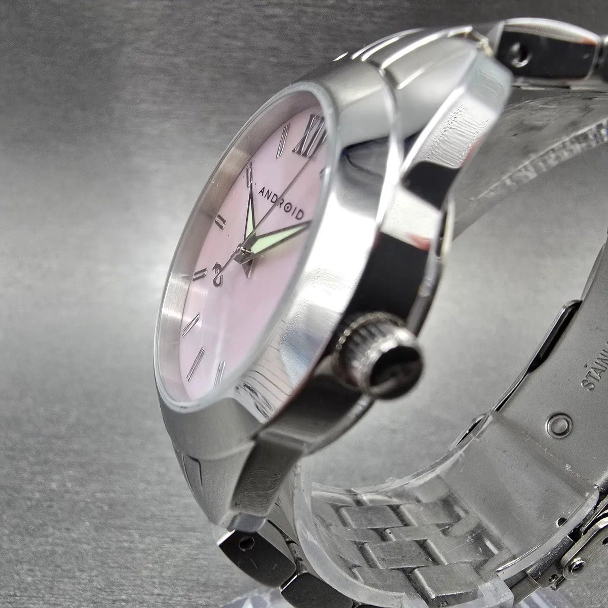 Android Watch Women 32mm Pink MOP Dial Steel Round AD771 New Battery2