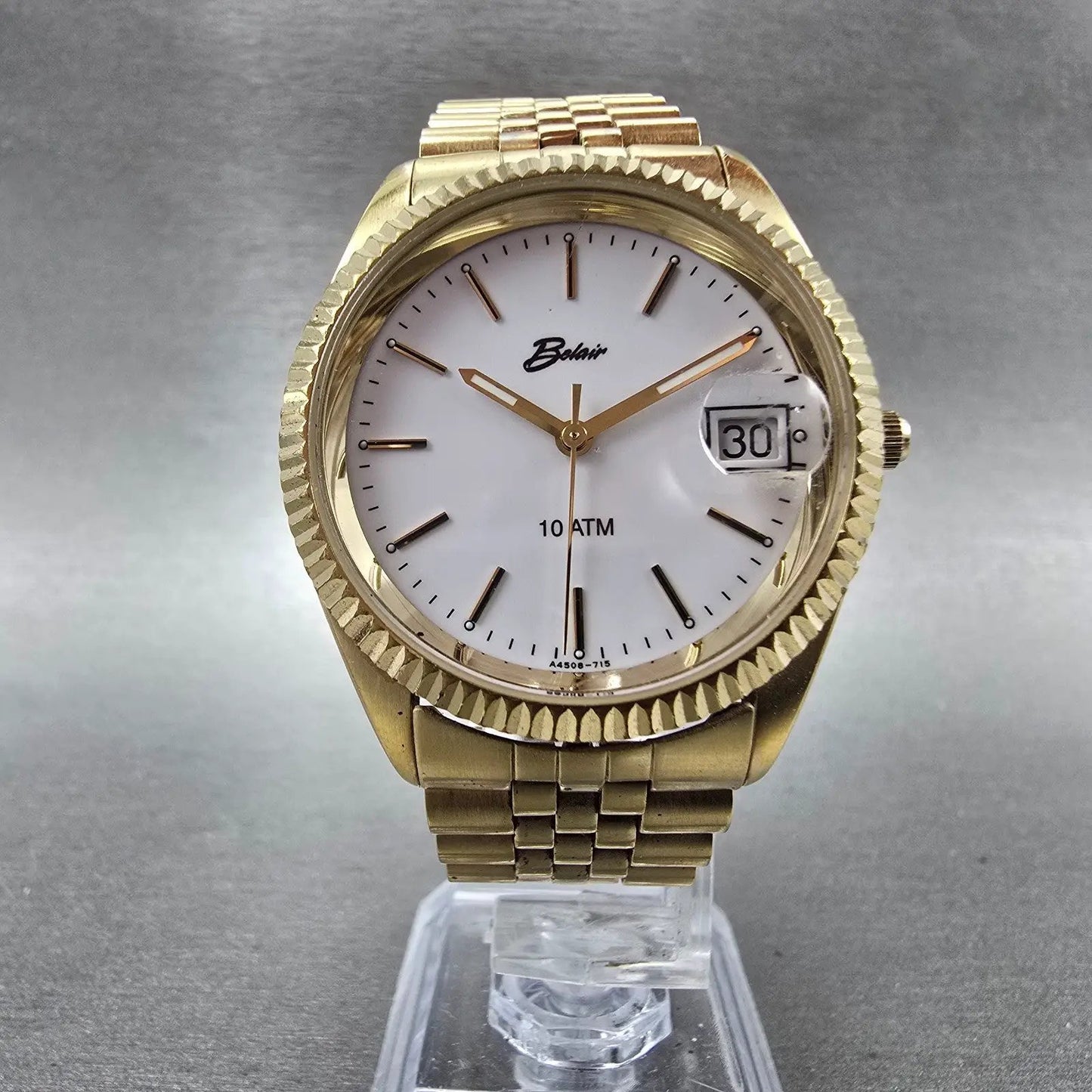 Belair Watch Men 35mm White Dial Gold Tone Date Round New Battery5