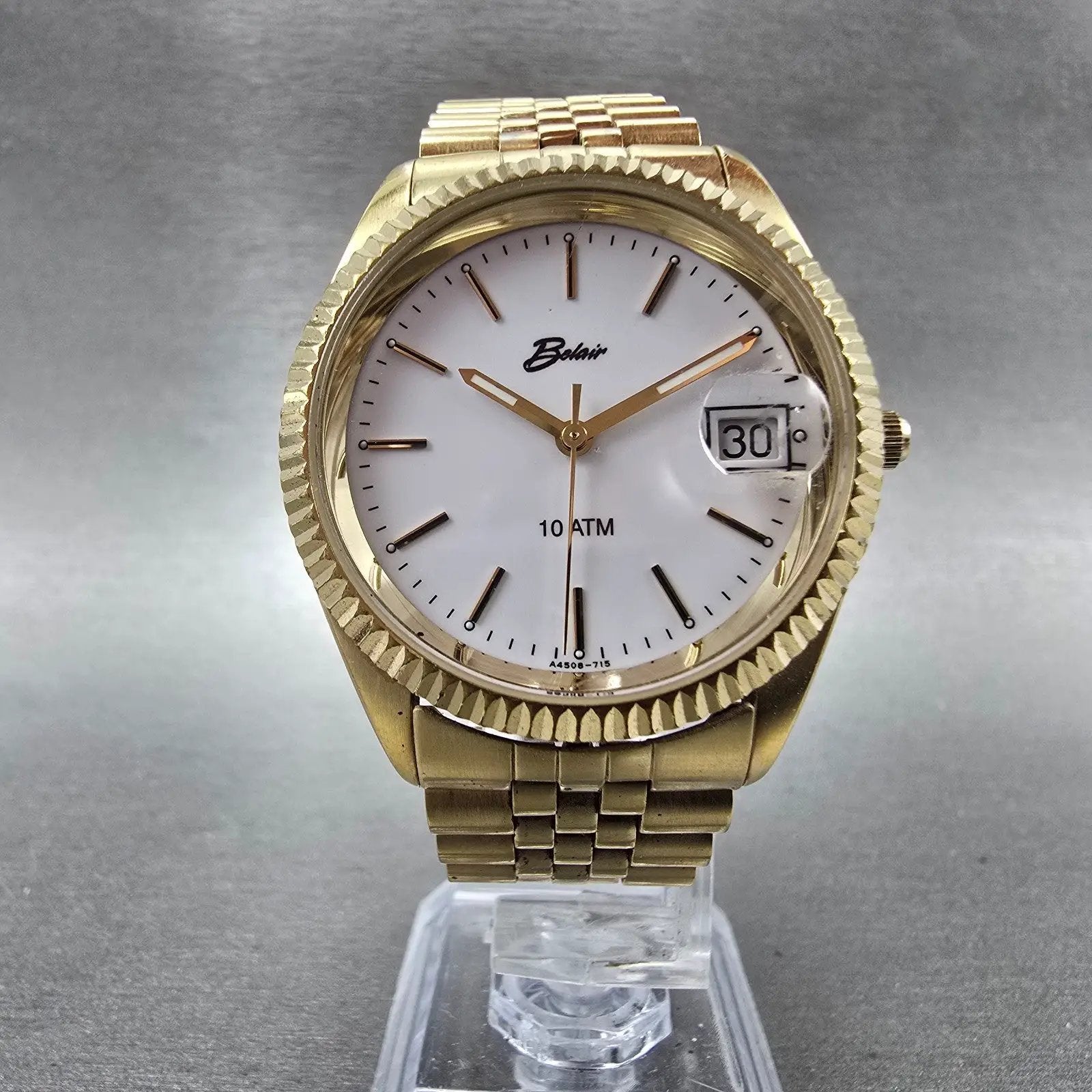 Belair Watch Men 35mm White Dial Gold Tone Date Round New Battery5