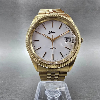 Belair Watch Men 35mm White Dial Gold Tone Date Round New Battery5
