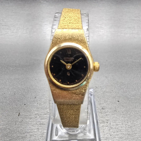 Citizen CQ Watch Women 17mm Black Dial Gold Tone Round 3220-890779 New Battery0