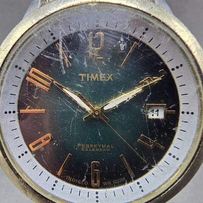 Timex Perpetual Calendar Watch Men 39 Gray Dial Two Tone Date Round New Batt1