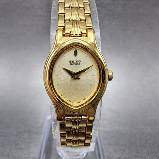Seiko Watch Women 17mm Gold Dial Gold Tone Oval V4005581 New Battery VTG0