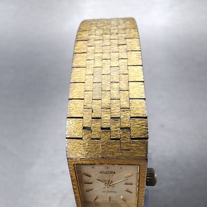 Elgin Tank Watch Women 16mm Champagne Dial Gold Tone Date Rectangle New Battery5