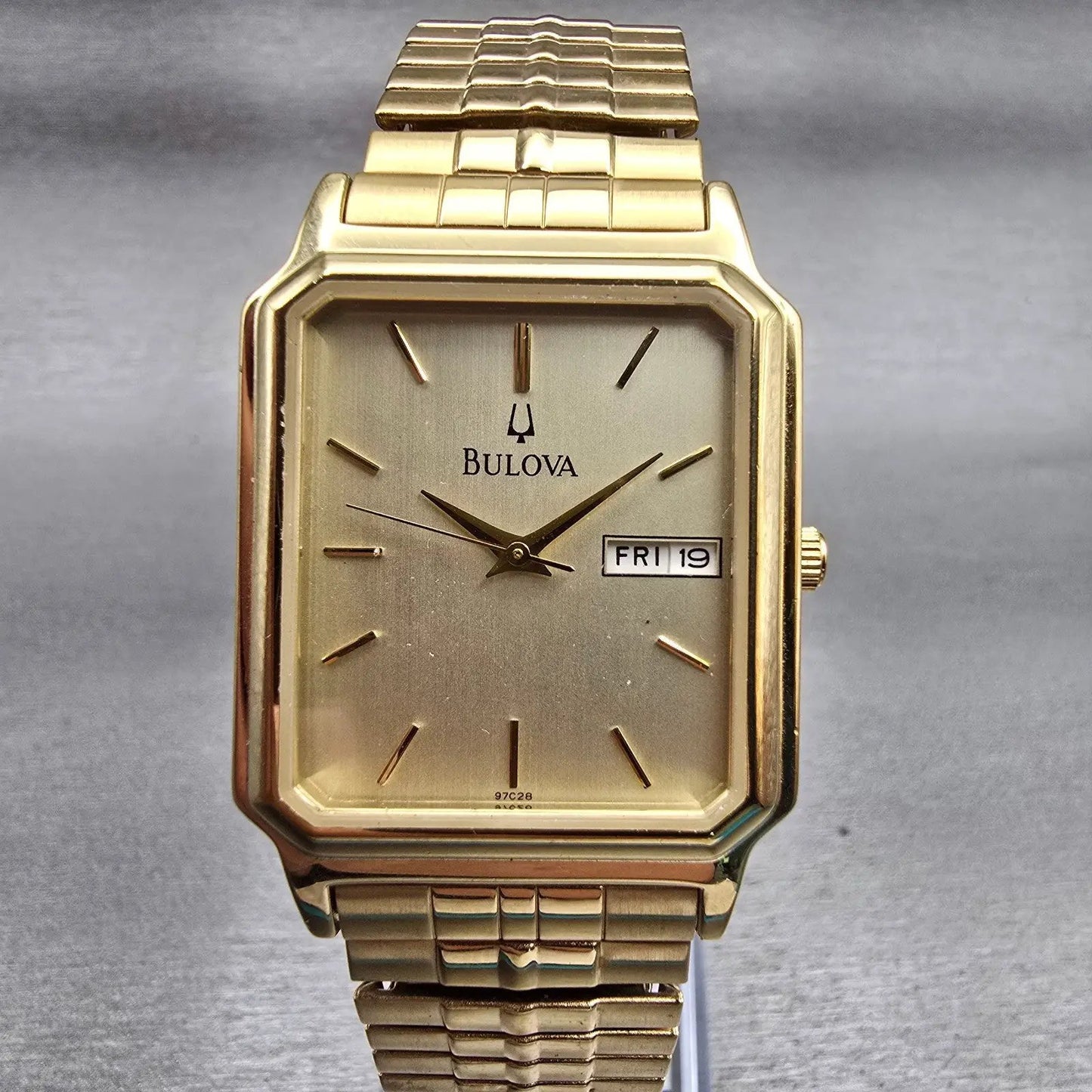 Bulova Watch Men 29mm Gold Dial Gold Tone Daydate Rectangle 97C28 New Battery0