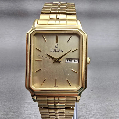 Bulova Watch Men 29mm Gold Dial Gold Tone Daydate Rectangle 97C28 New Battery0