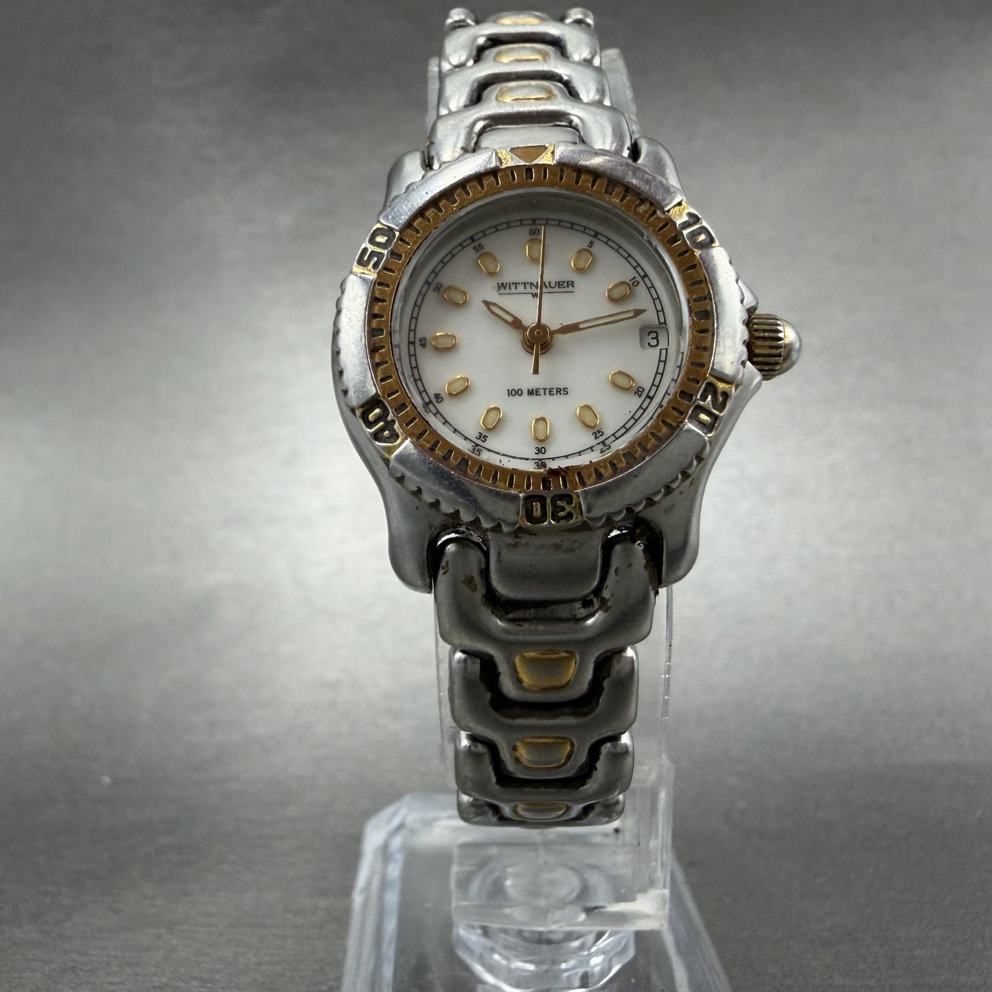 Wittnauer Dive Watch Women 24mm White Dial Two Tone Round SS25970703 New Battery5