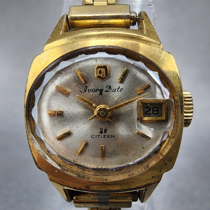 Citizen Ivory Date Watch Women 18mm Silver Dial Gold Tone Date Manual Runs1