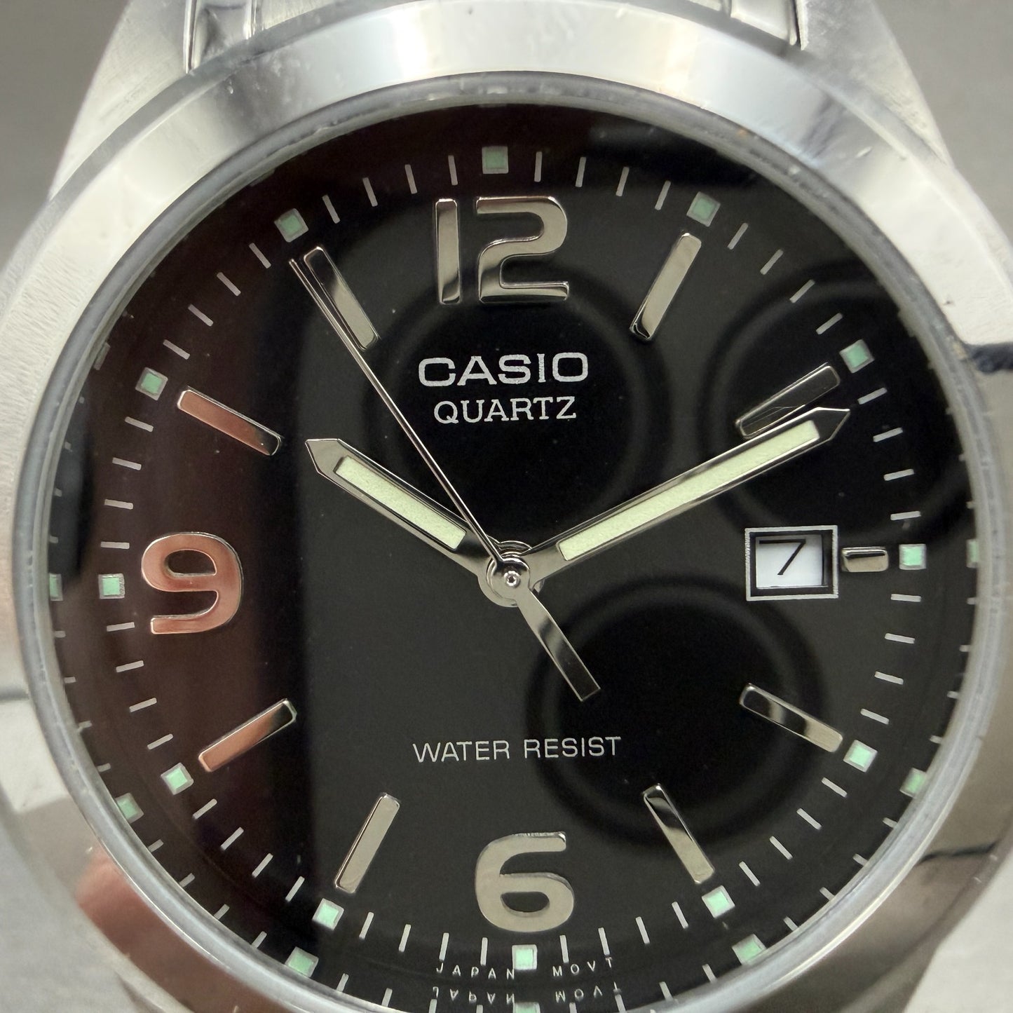 Casio Watch Men 37mm Black Dial Silver Tone Date Round MTP-1215 New Battery1