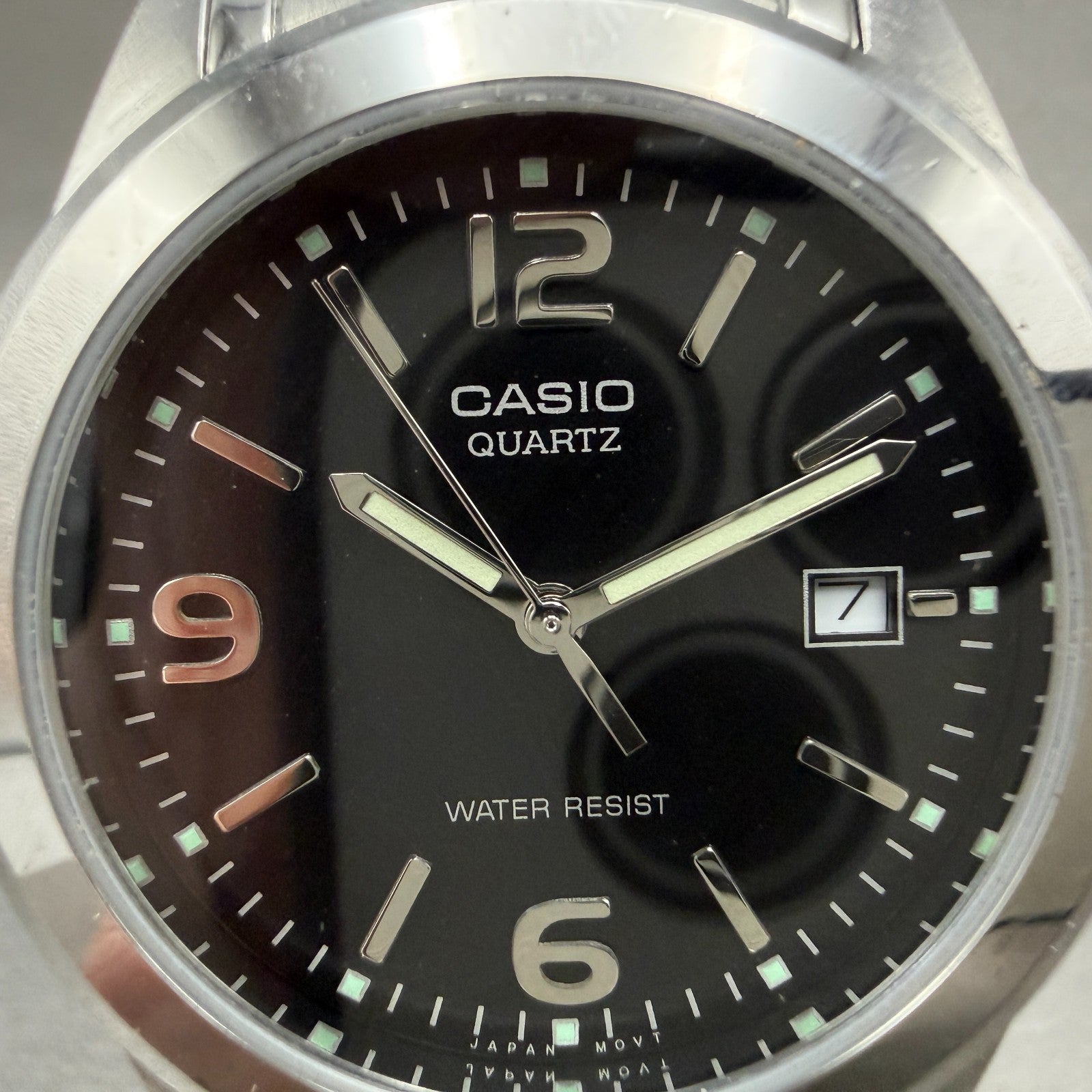 Casio Watch Men 37mm Black Dial Silver Tone Date Round MTP-1215 New Battery1