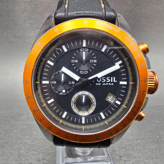Fossil Chronograph Watch Men 43mm Black Dial Gray Tone Orange CH-2785 New Batt Q0