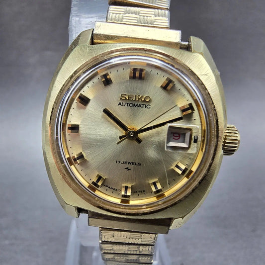 Seiko Automatic Watch Women 25mm Gold Dial Gold Tone Date 2517-0369 Runs0