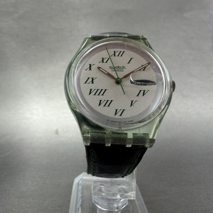 Swatch Green Lacquer Watch Men 34mm White Dial Clear Daydate GM709 New Battery5