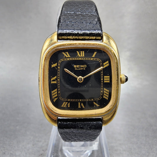 Seiko Tank Watch Women 24mm Black Dial Gold Tone Rectangle 23205140 New Battery0