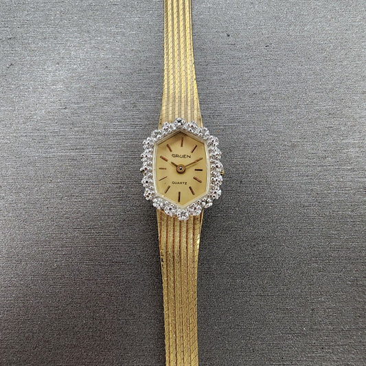 Gruen Watch Women 14mm Gold Dial Gold Tone Hexagon Diamond Bezel READ!! New Batt0