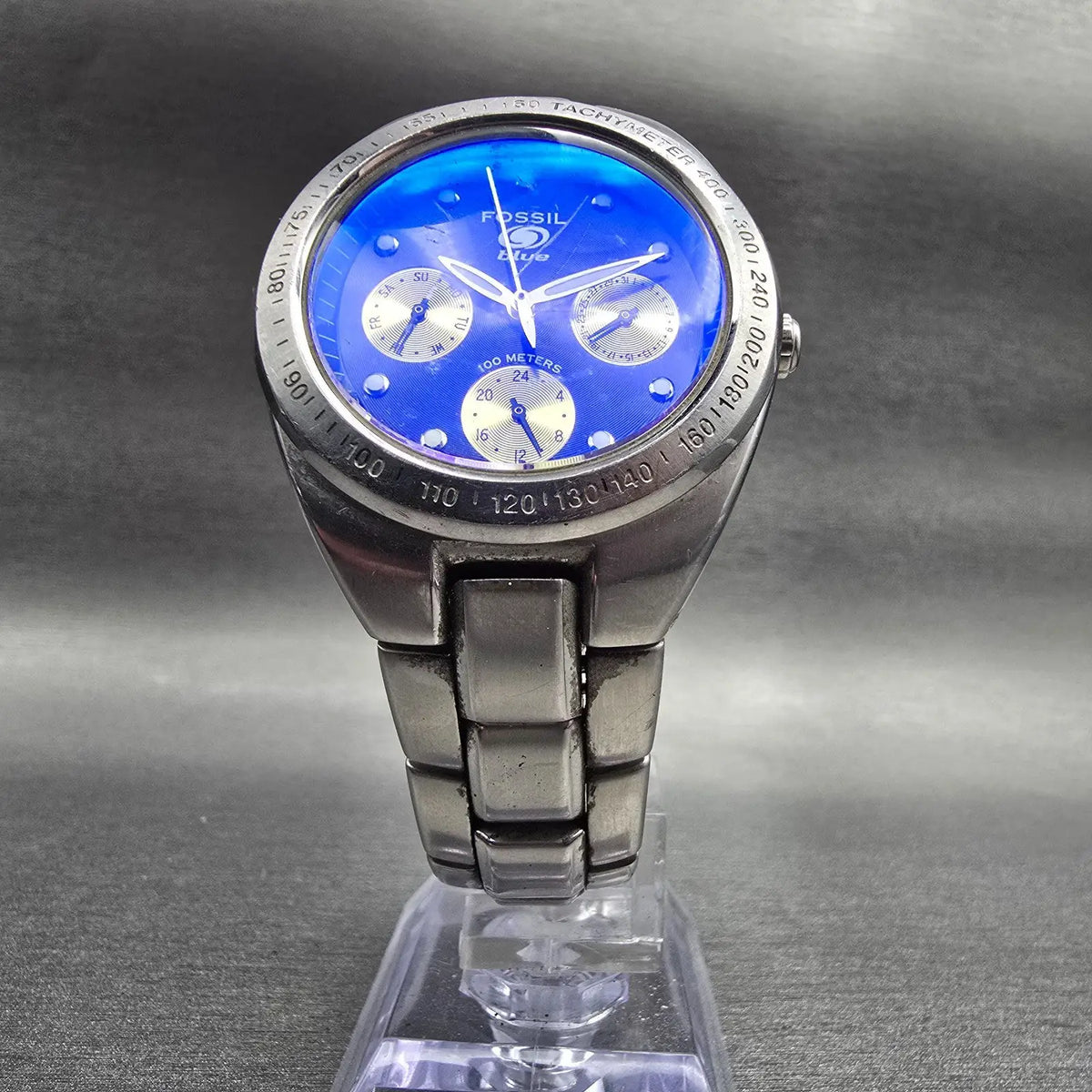 Fossil Blue Watch Men 35mm Blue Dial Silver Tone Daydate BQ-9086 New Battery5
