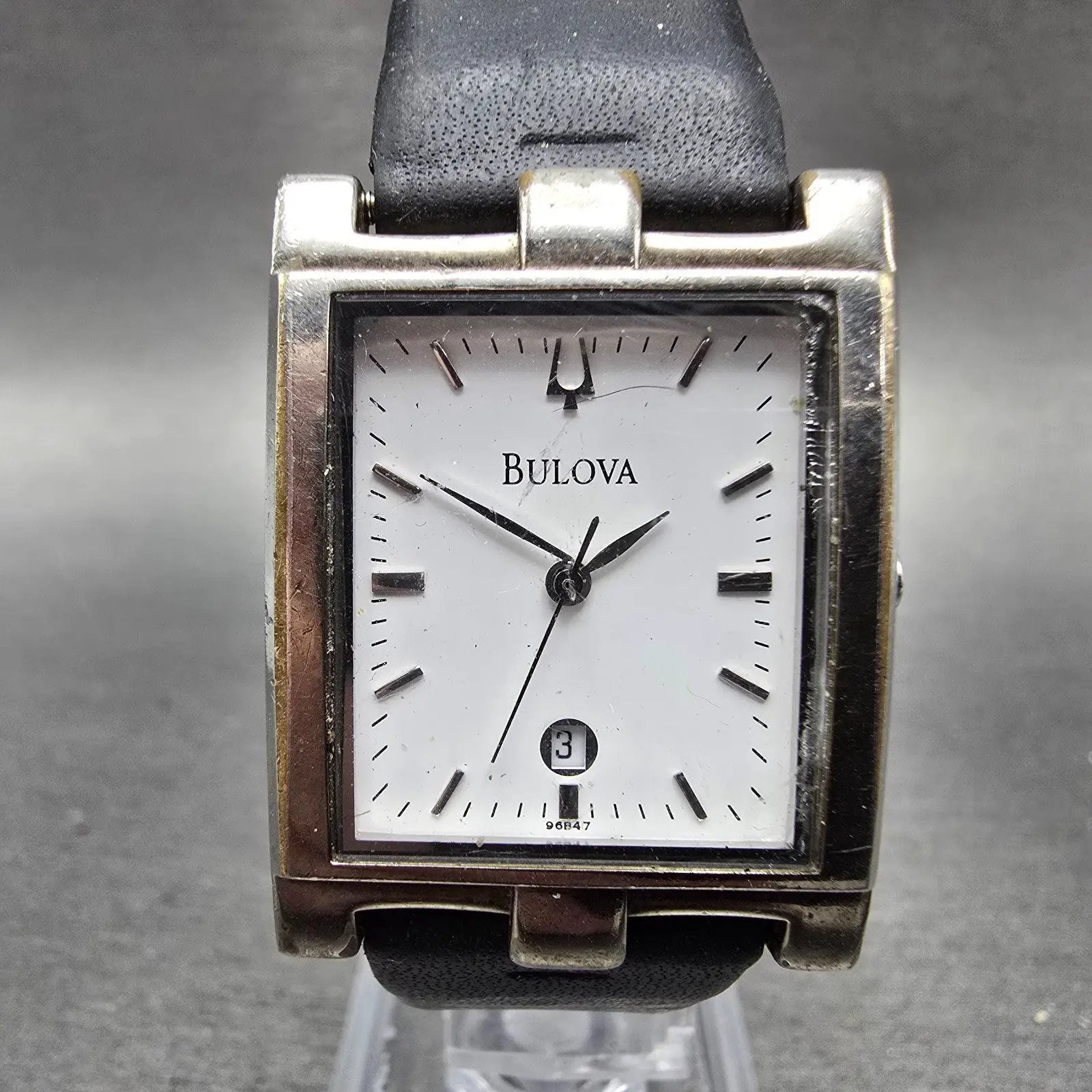 Bulova Tank Watch Men 25mm White Dial Silver Tone Date Rectangle 96B47 PARTS VTG0