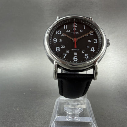 Timex Weekender Watch Men 38mm Black Dial Silver Tone Indiglo New Battery AB1235