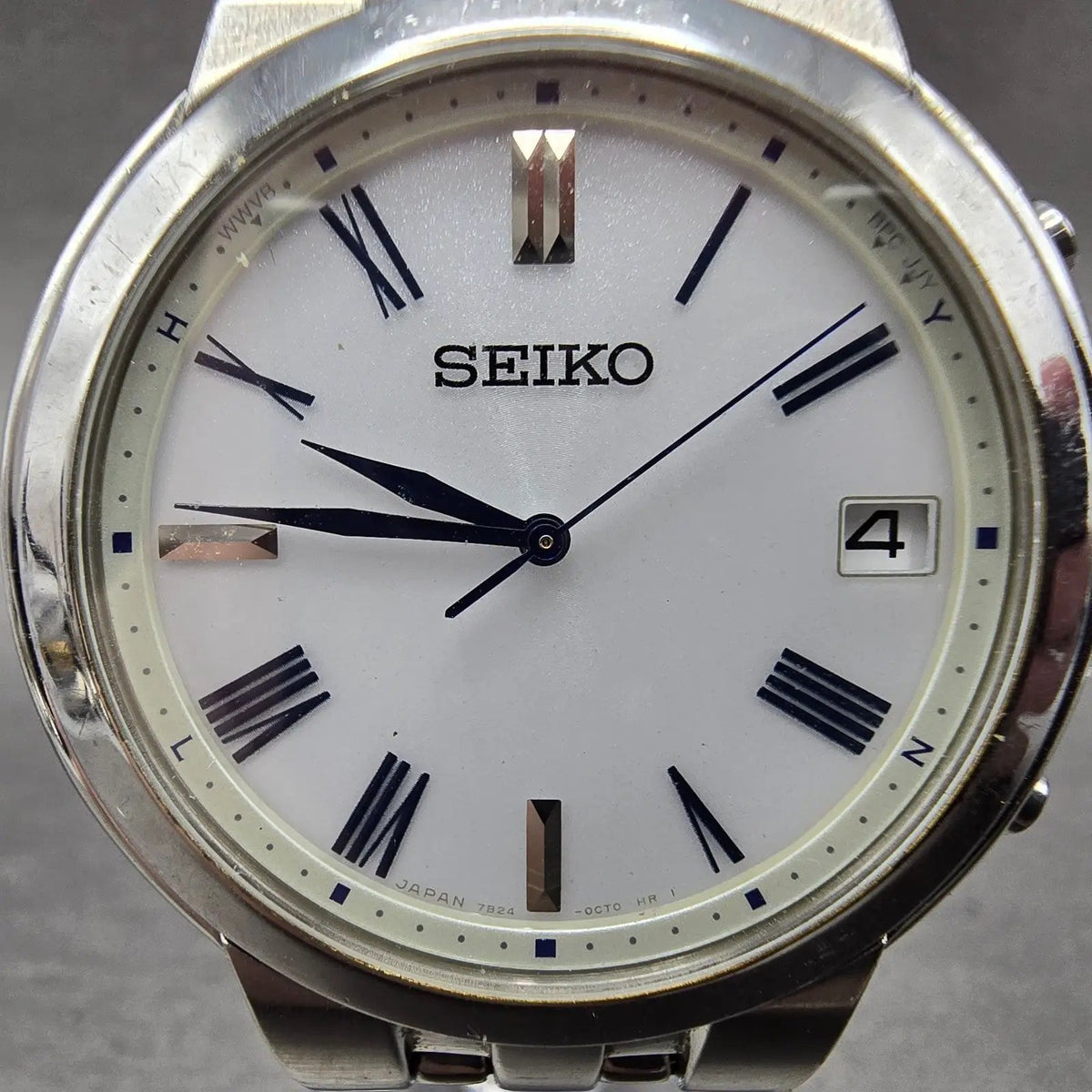 Seiko Atomic Solar Watch Men 37mm White Dial Silver Tone Date 7B24-0BS0 PARTS2