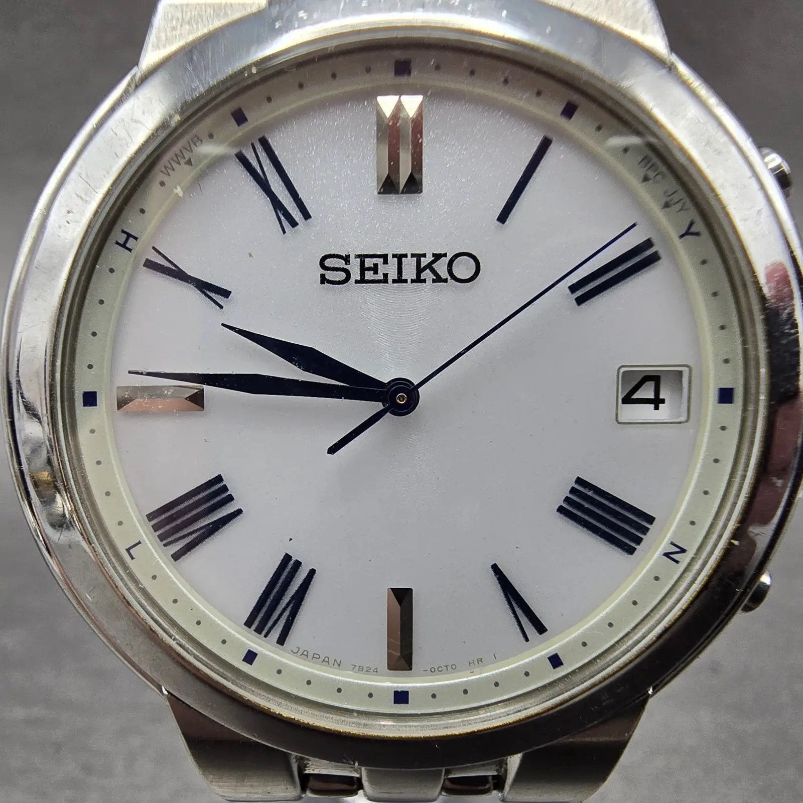 Seiko Atomic Solar Watch Men 37mm White Dial Silver Tone Date 7B24-0BS0 PARTS2