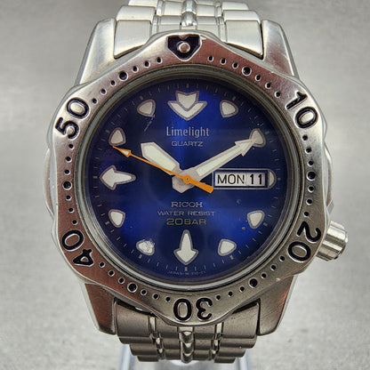 Ricoh Limelight Dive Watch Men 38mm Blue Dial Steel Daydate Round New Battery
