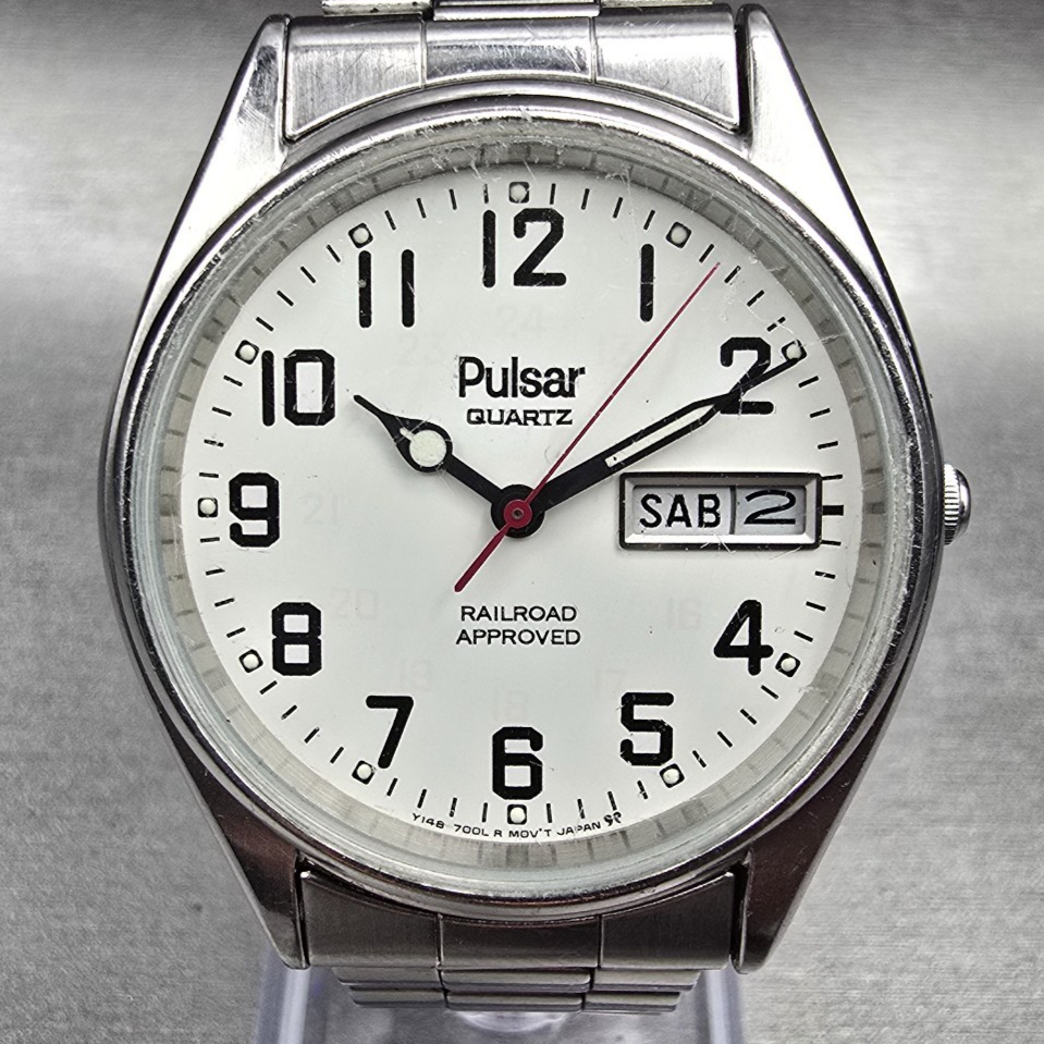 Pulsar Railroad Approved Watch Men 34mm White Dial Daydate Y148-7009 New Battery1