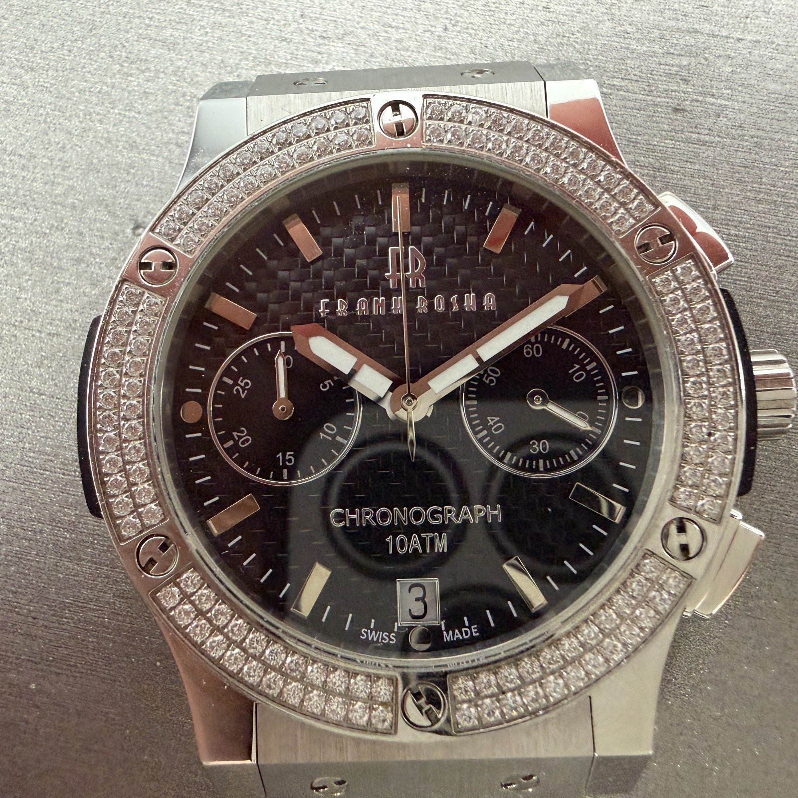 Frank Rosha Chronograph Watch Men 45mm Black Dial Steel Date Gem Bezel New batt1