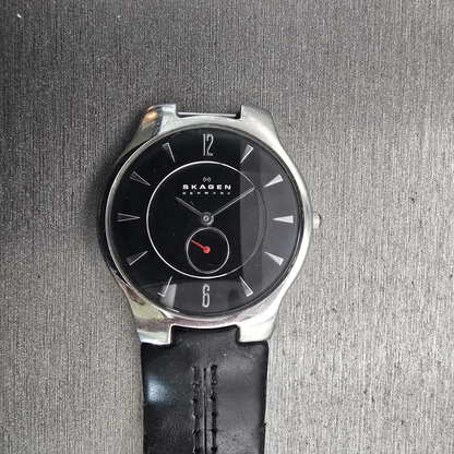 Skagen Denmark Watch Men 34mm Black Dial Silver Tone Round 433LSLB New Battery0